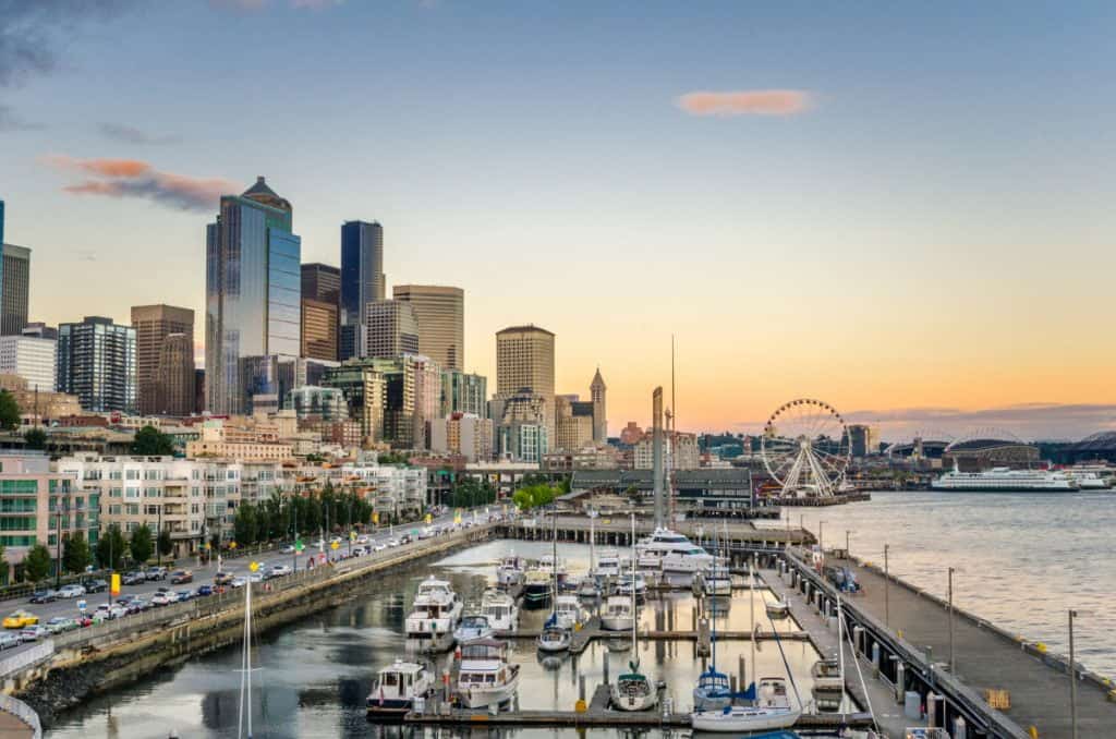 Seattle waterfront at dusk