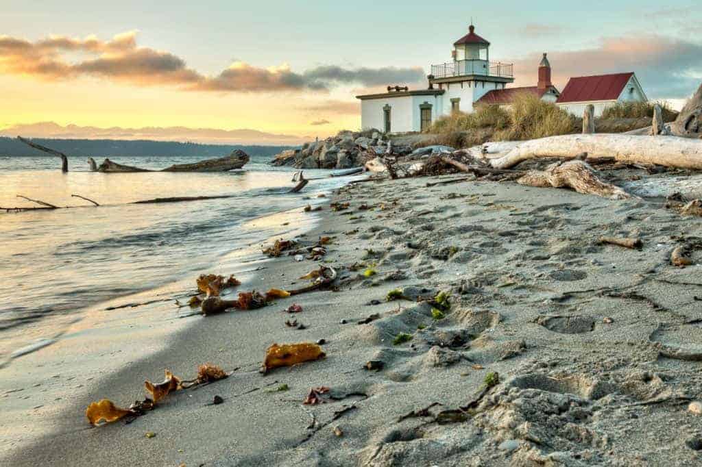 sunset at West Point Lighthouse in Seattle Washington