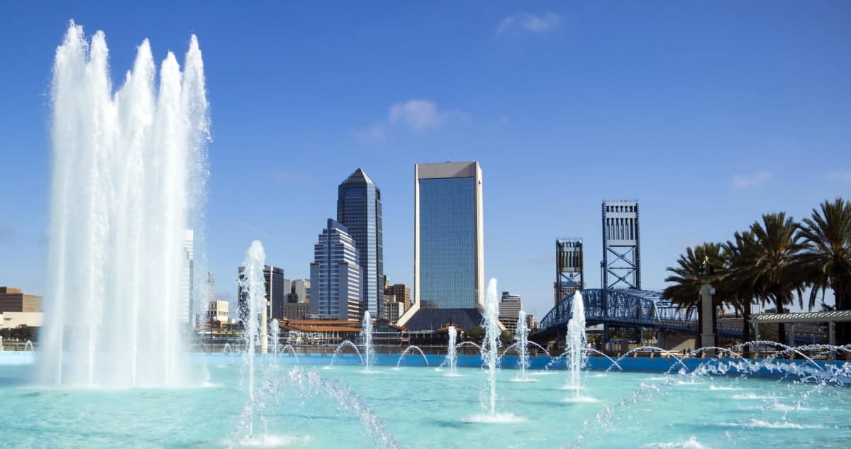 The Historic Friendship Fountain on the St. Johns River against the Jacksonville, Florida skyline