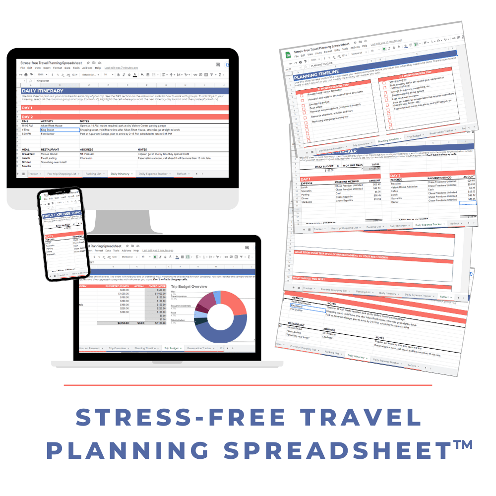 Mockup image of the Travel Planning Spreadsheet with multiple tabs and multiple devices