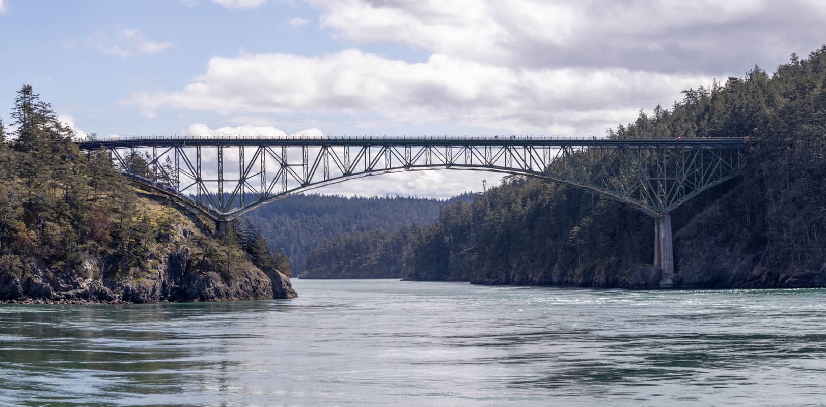Large bridge spanning Deception Pass in Washington State