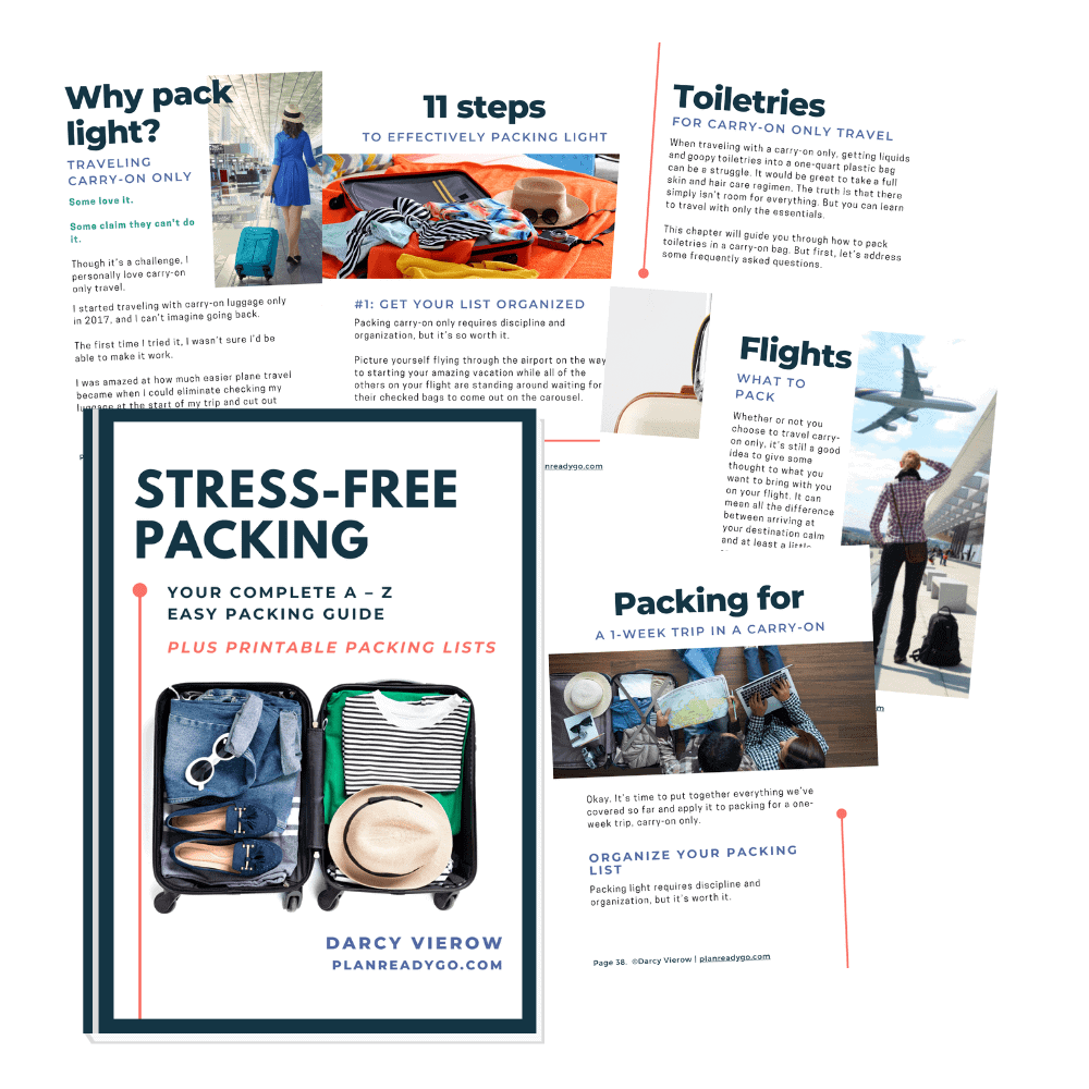 Mockup image of the Stress-free Packing Guide ebook showing several pages