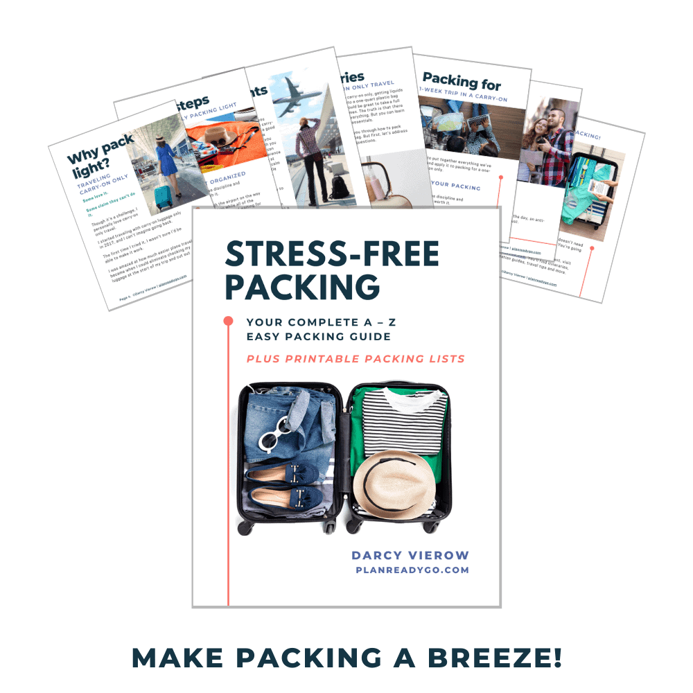 Mockup of the Stress-free Packing Guide ebook showing several pages