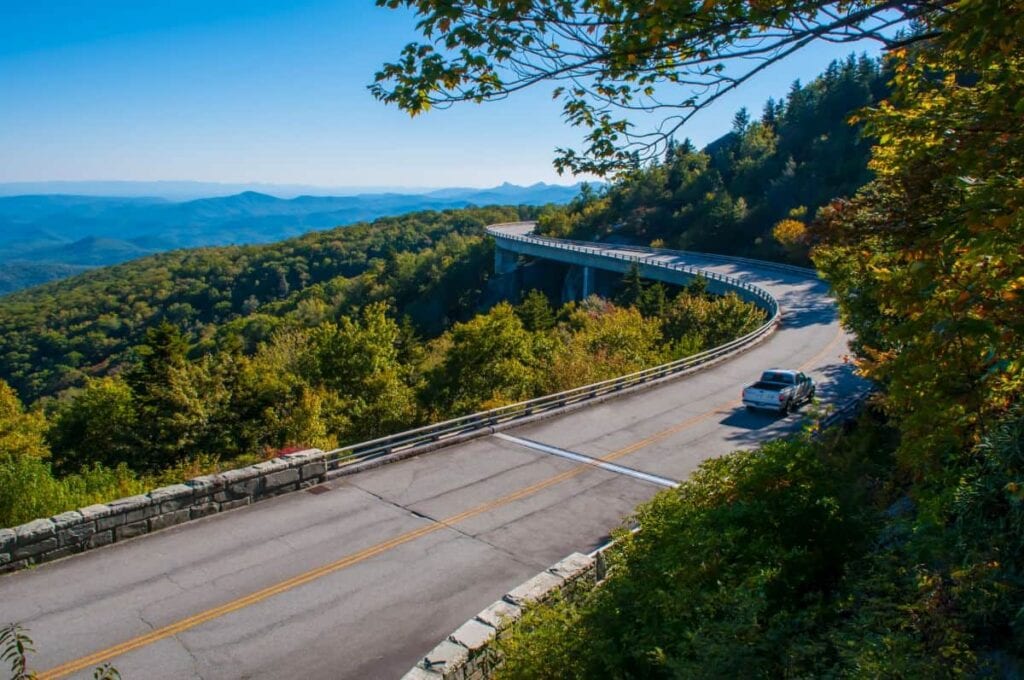 paved two-lane highway through the Blue Ridge Mountains