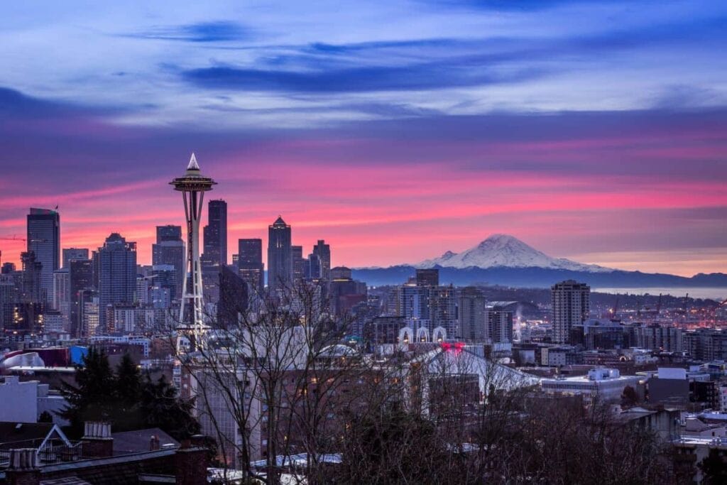 Beautiful Seattle skyline with purples and blues in the sky at dusk