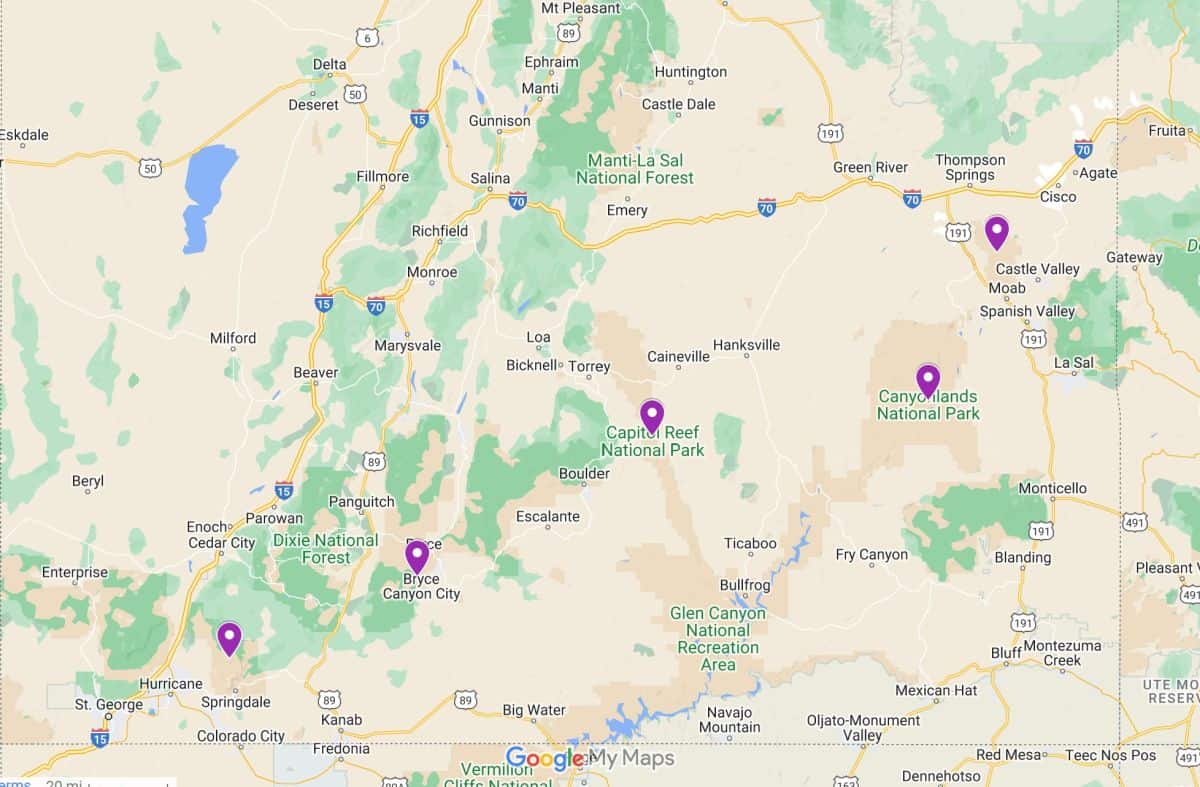 Google map of the best national parks in Utah