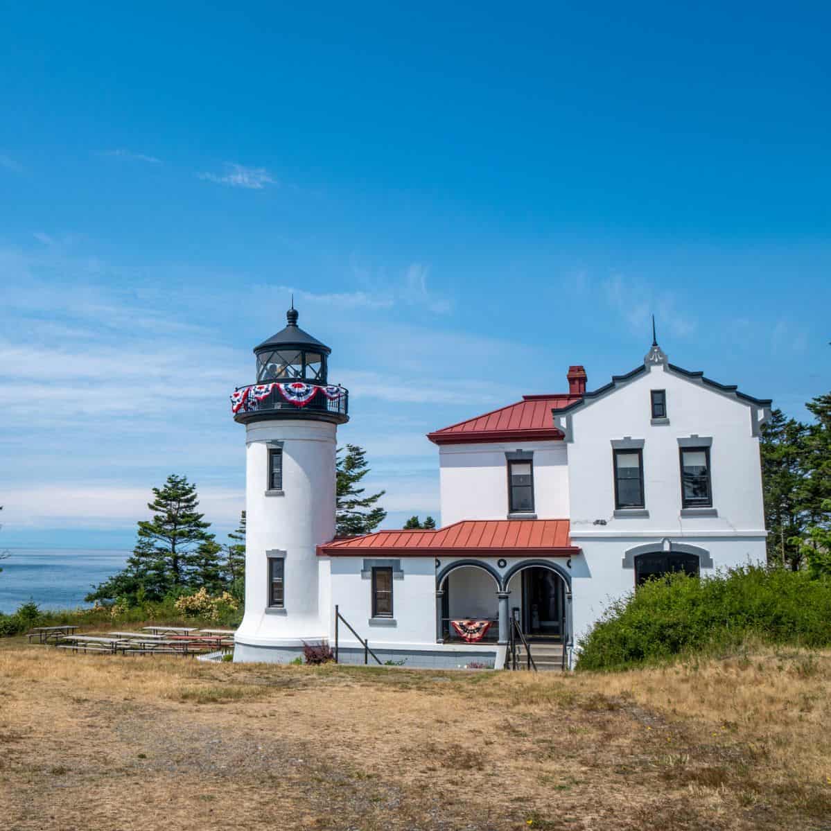 white lighthouse on a coastline