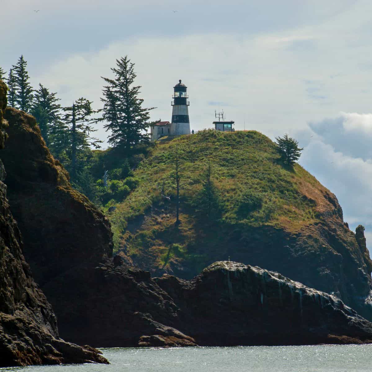 Lighthouse on a rocky point on the ocean