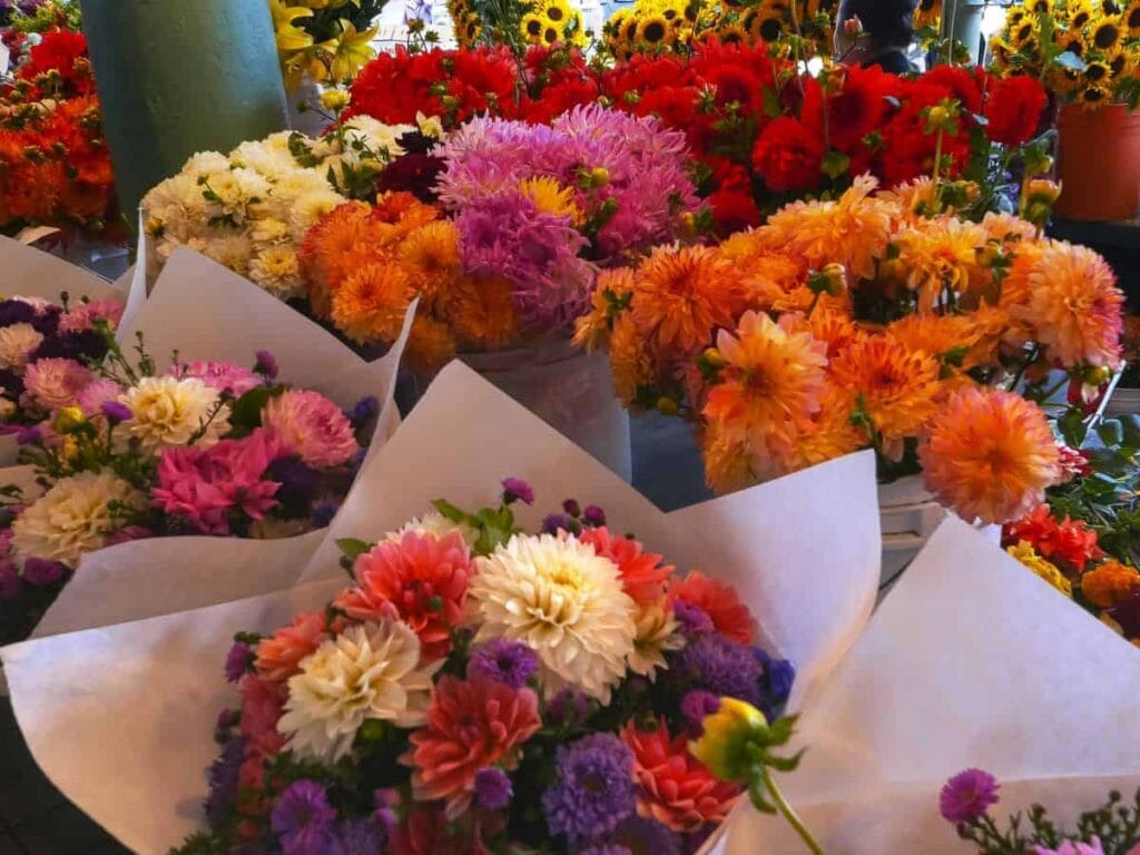 colorful bouquets of flowers for sale at Pike Place Market