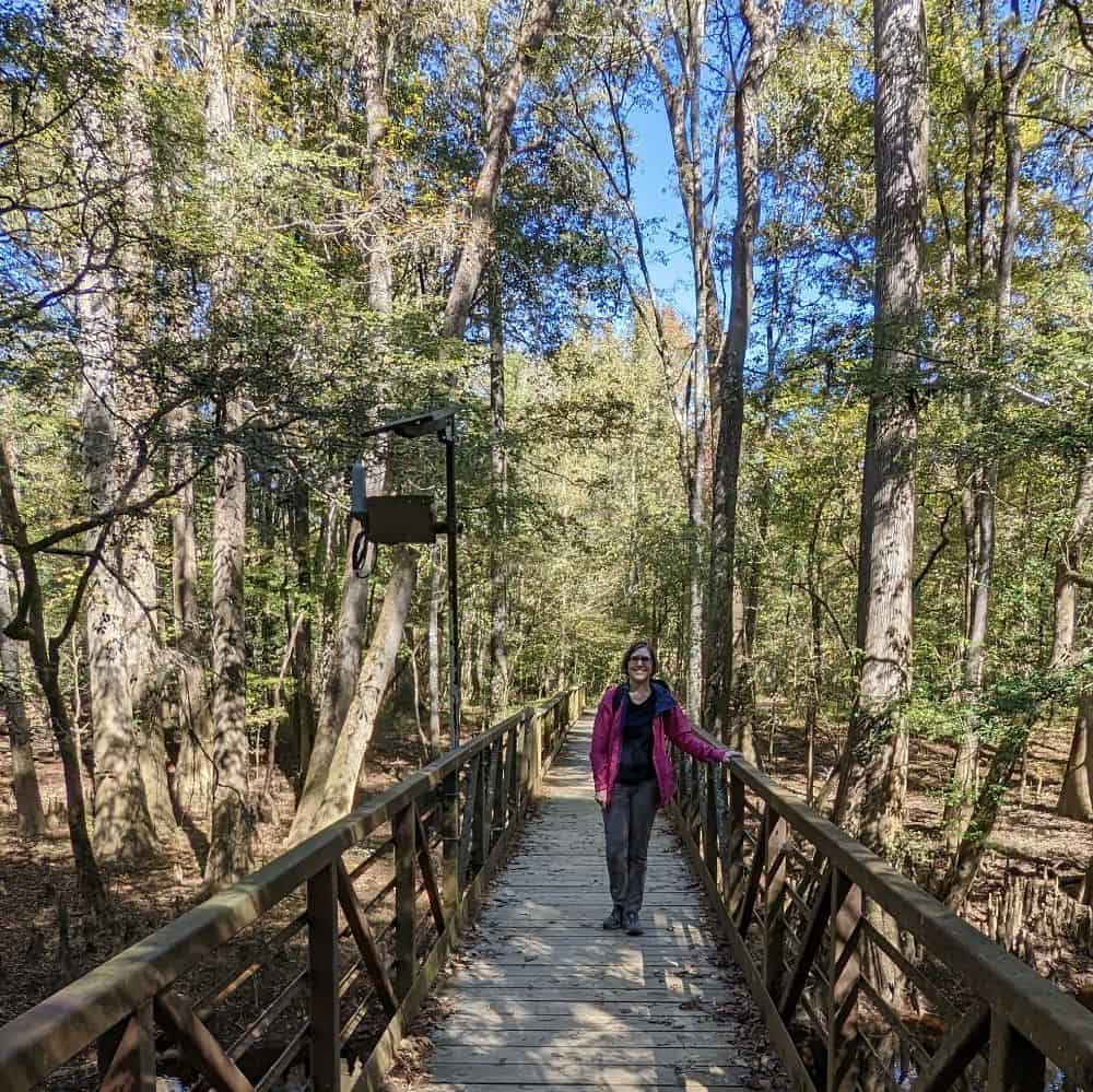 woman wearing hiking clothing standing on a wooden bridge in a forest