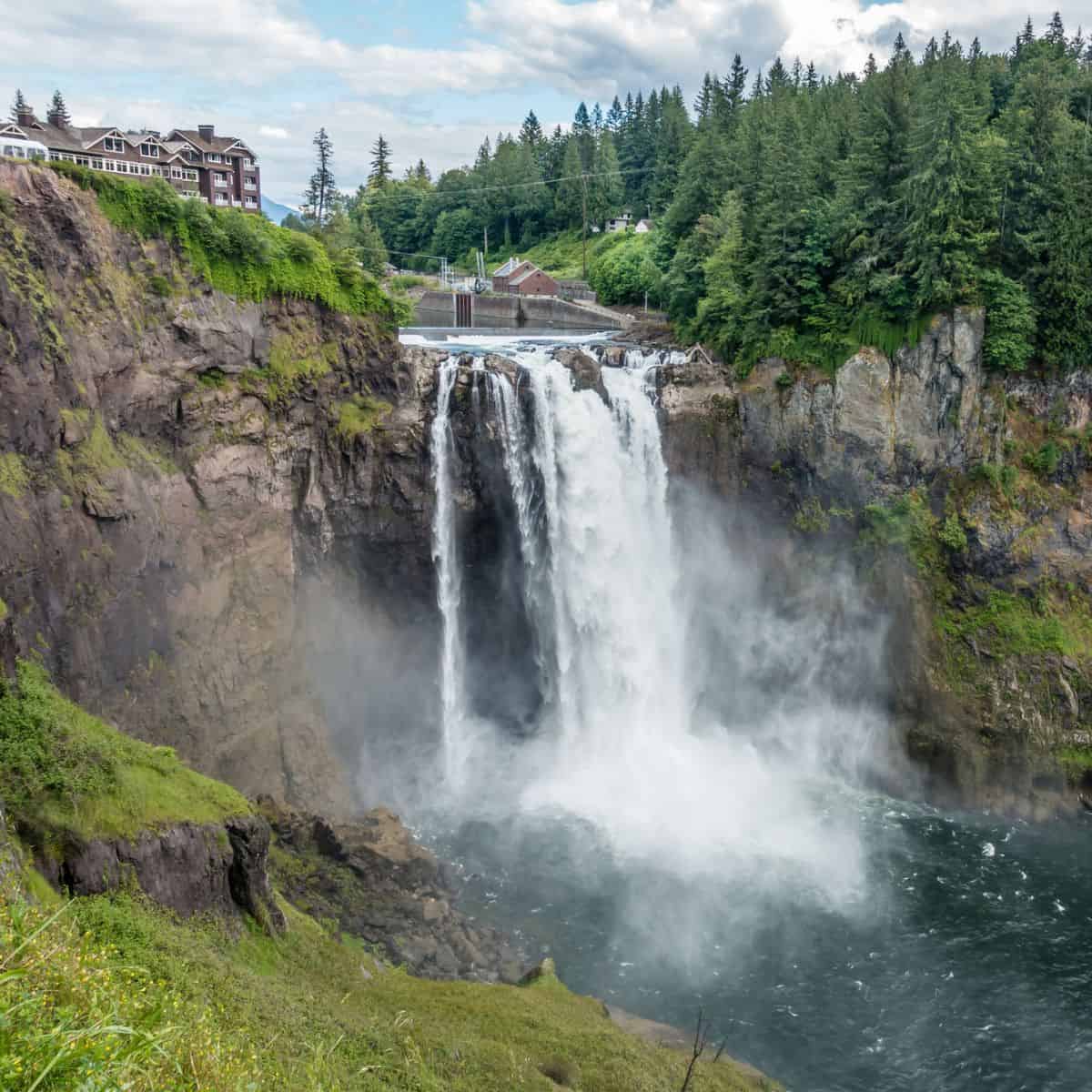 large waterfall kicking up mist