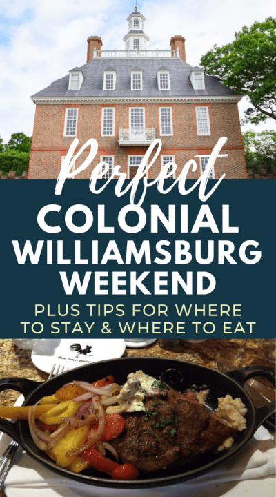 pictures of a Colonial Williamsburg house and a lamb shank in a skillet with a text overlay that says Colonial Williamsburg Weekend
