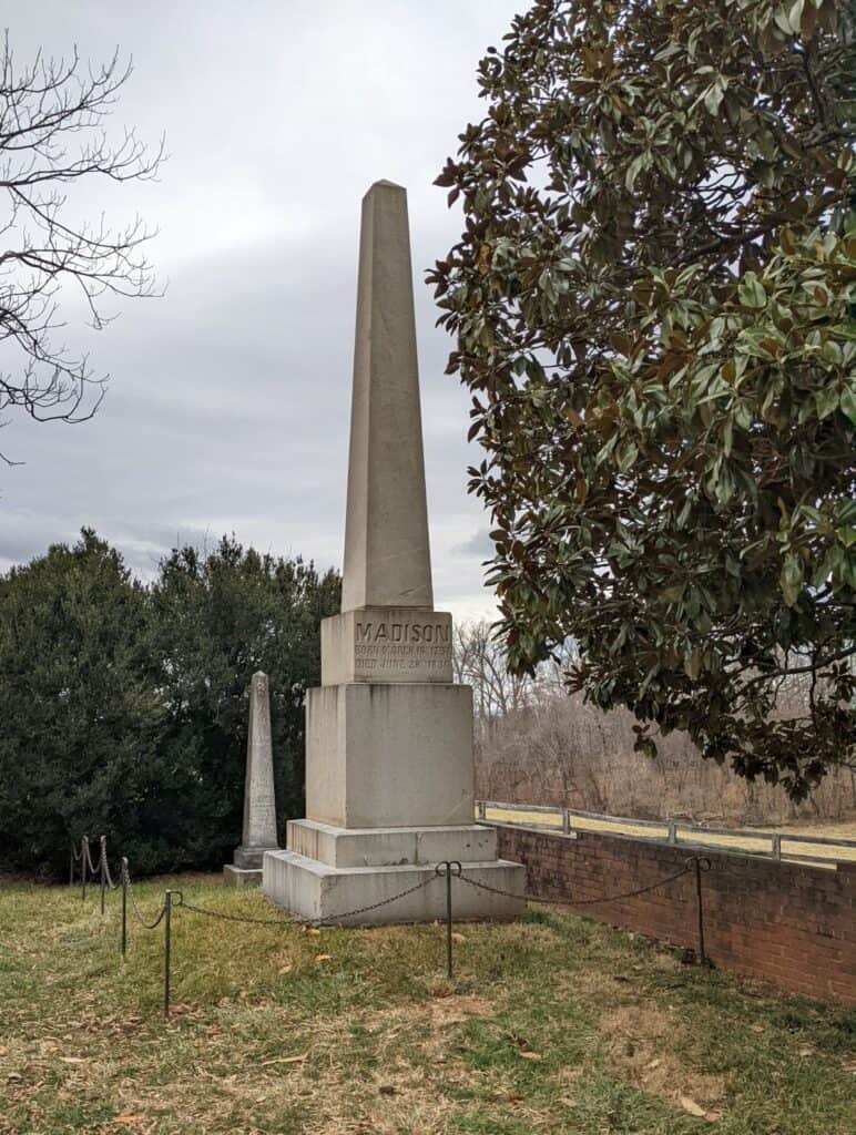 large obelisk marking the grave of James Madison at Montpelier
