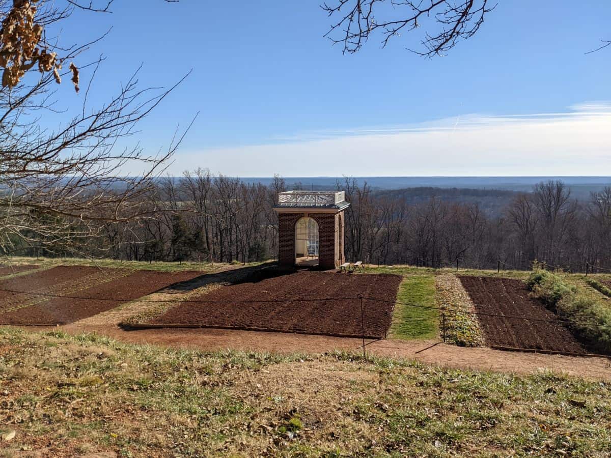 brick pavilion in a terraced garden with a view of the Virginia hills