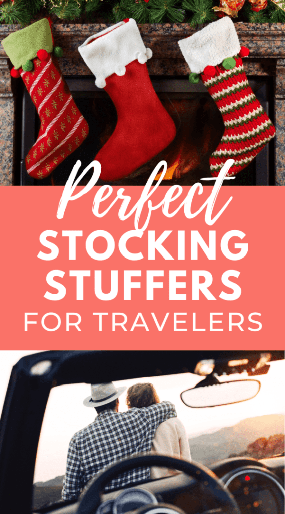 Photos of Christmas stockings and a couple on a road trip. Text overlay reads perfect stocking stuffers for travelers.