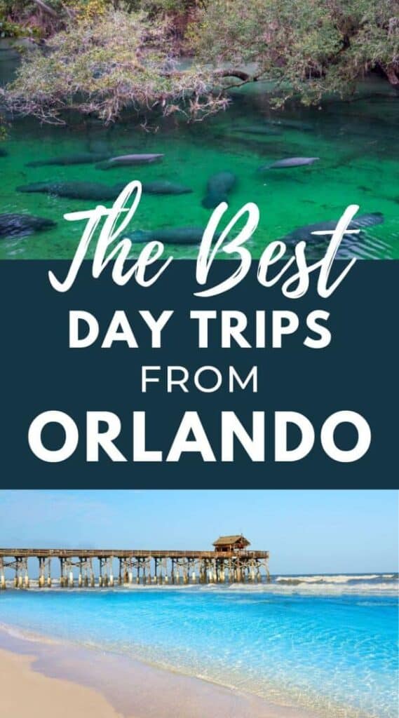Photos of a spring full of manatees and a white sand beach. Text reads: the best day trips from Orlando