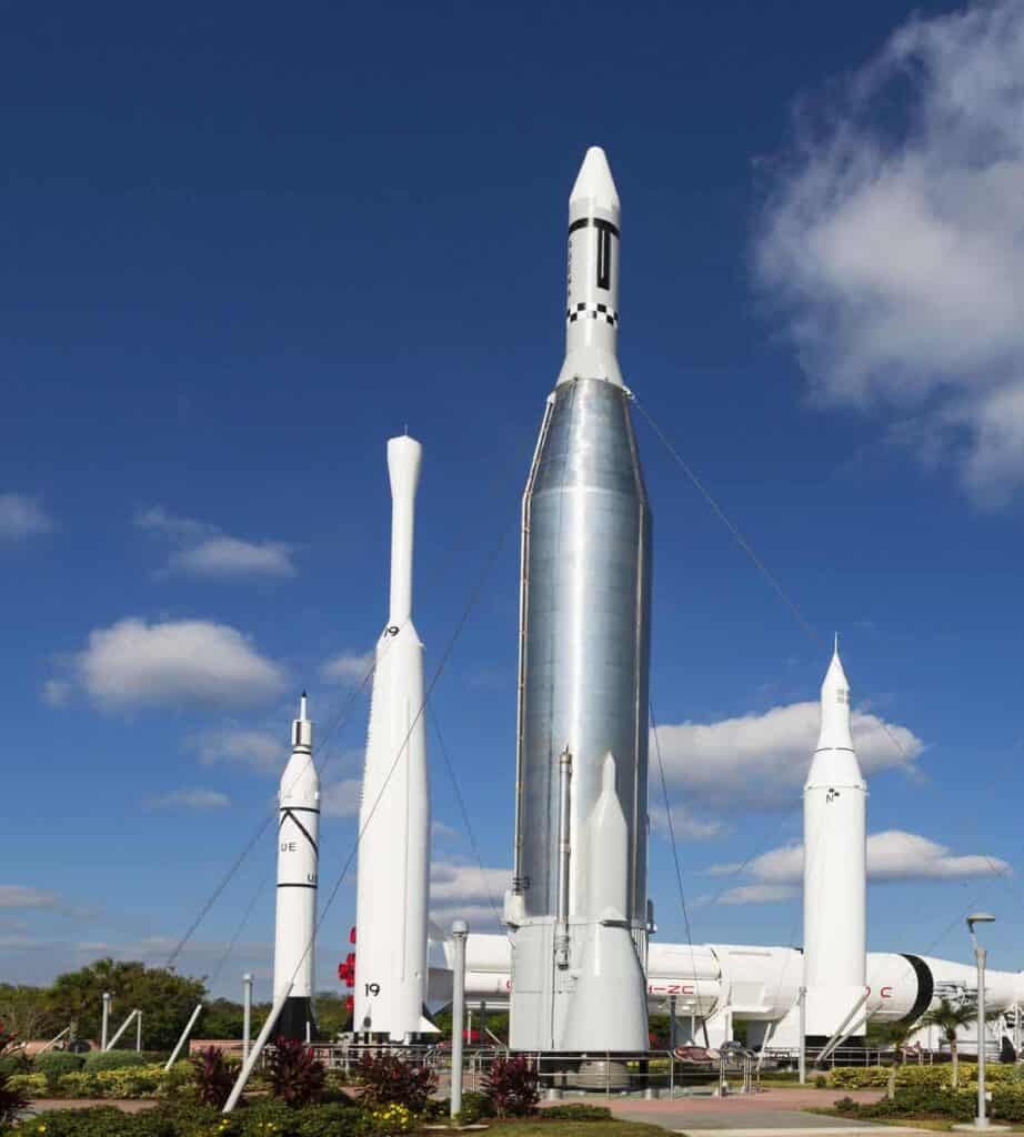 display of rockets outdoors at Kennedy Space Center in Florida