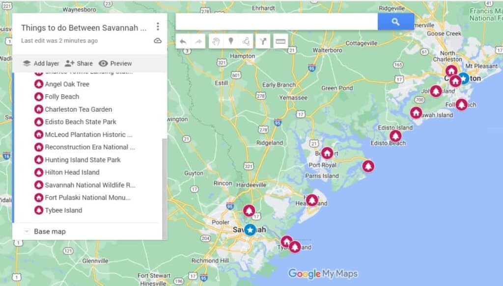 Google Maps image showing stops between Savannah and Charleston