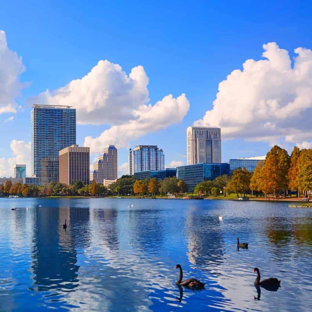 Orlando skyline across a lake