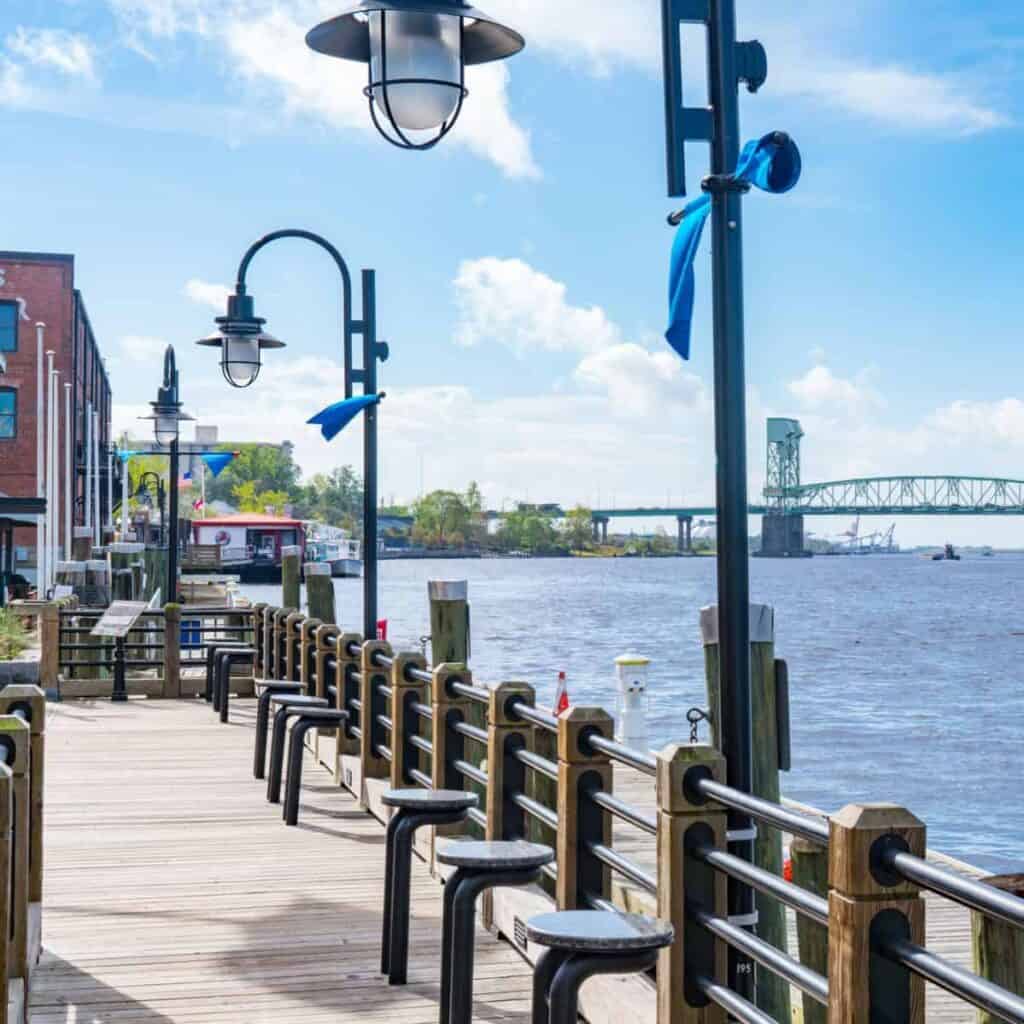 wooden dock with railing on the river in Wilmington North Carolina