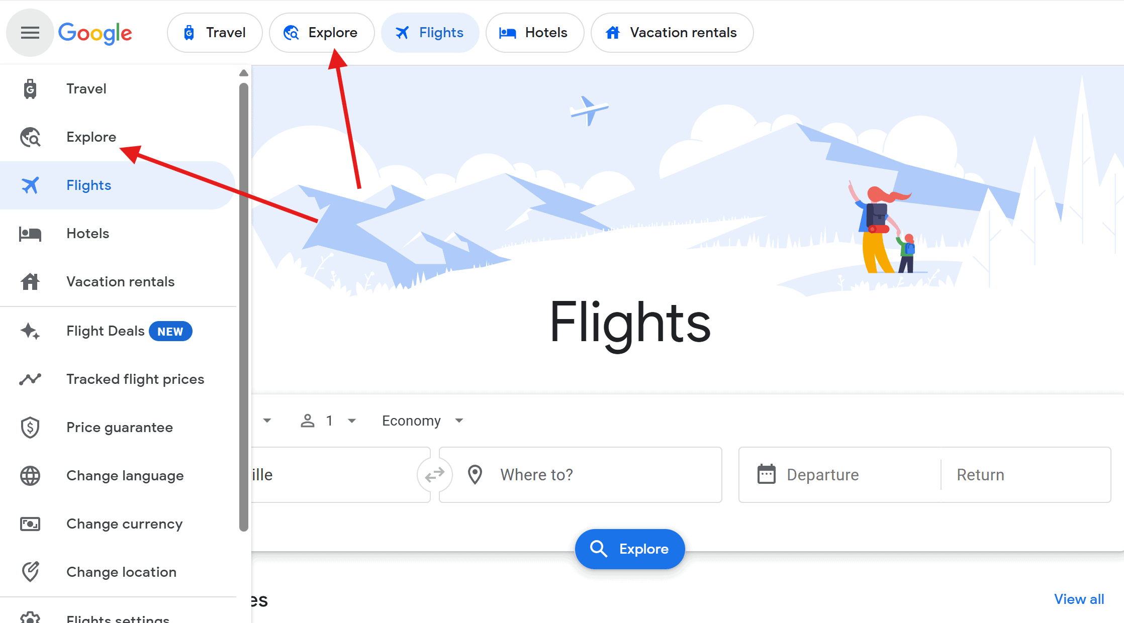 Screenshot of Google Flights showing where to find the explore feature