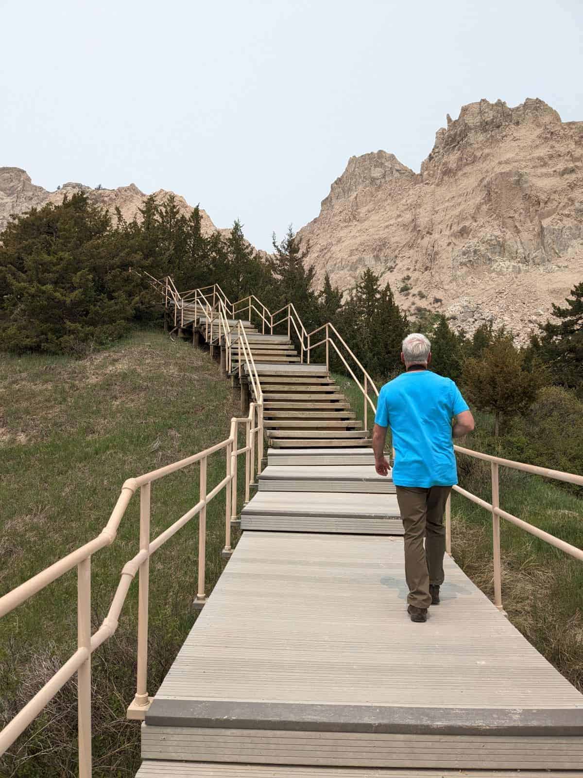 Man with white hair walking on a boardwalk trail leading toward a juniper forest in Badlands National Park