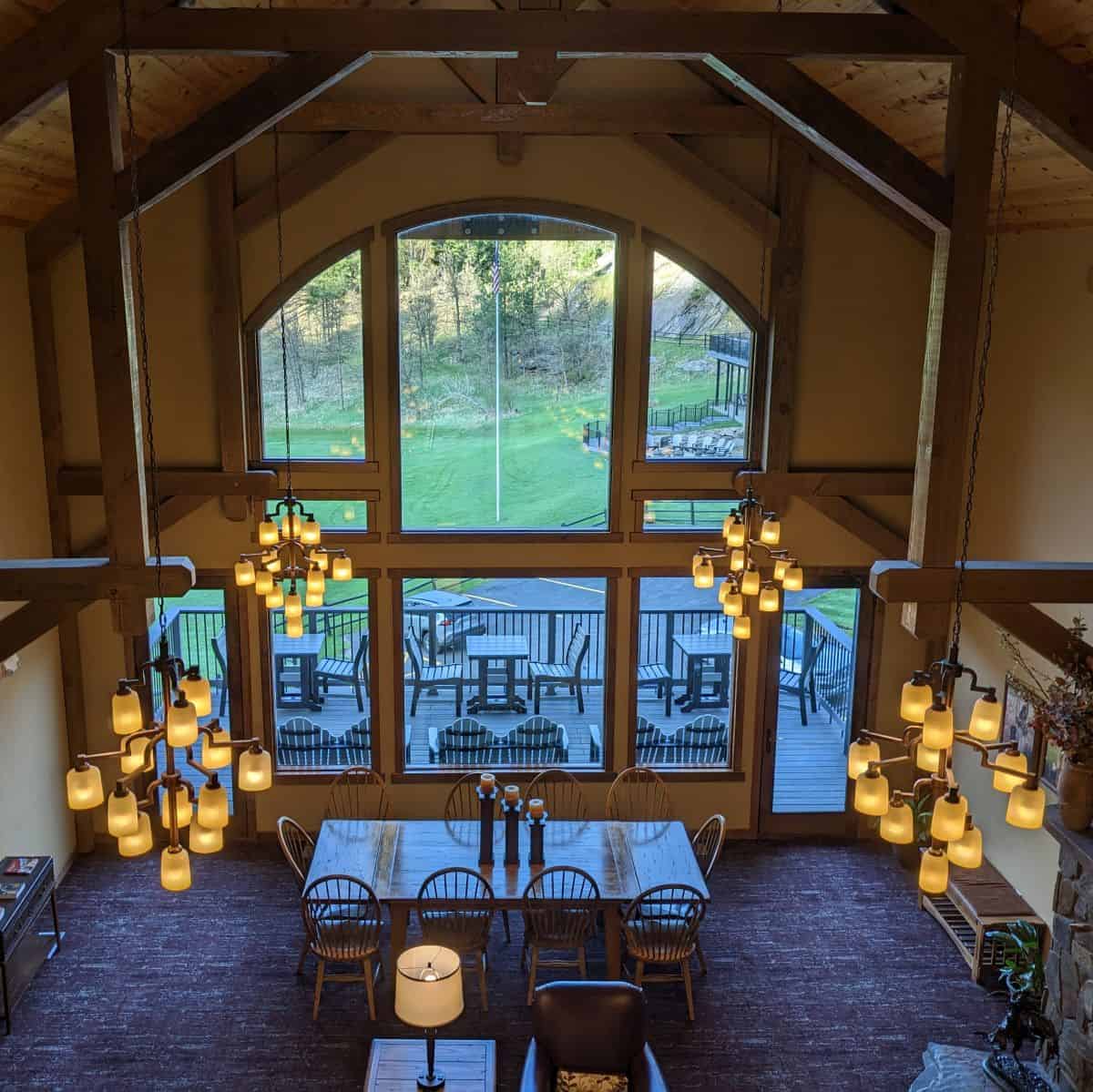 view through a wood trimmed hotel lobby