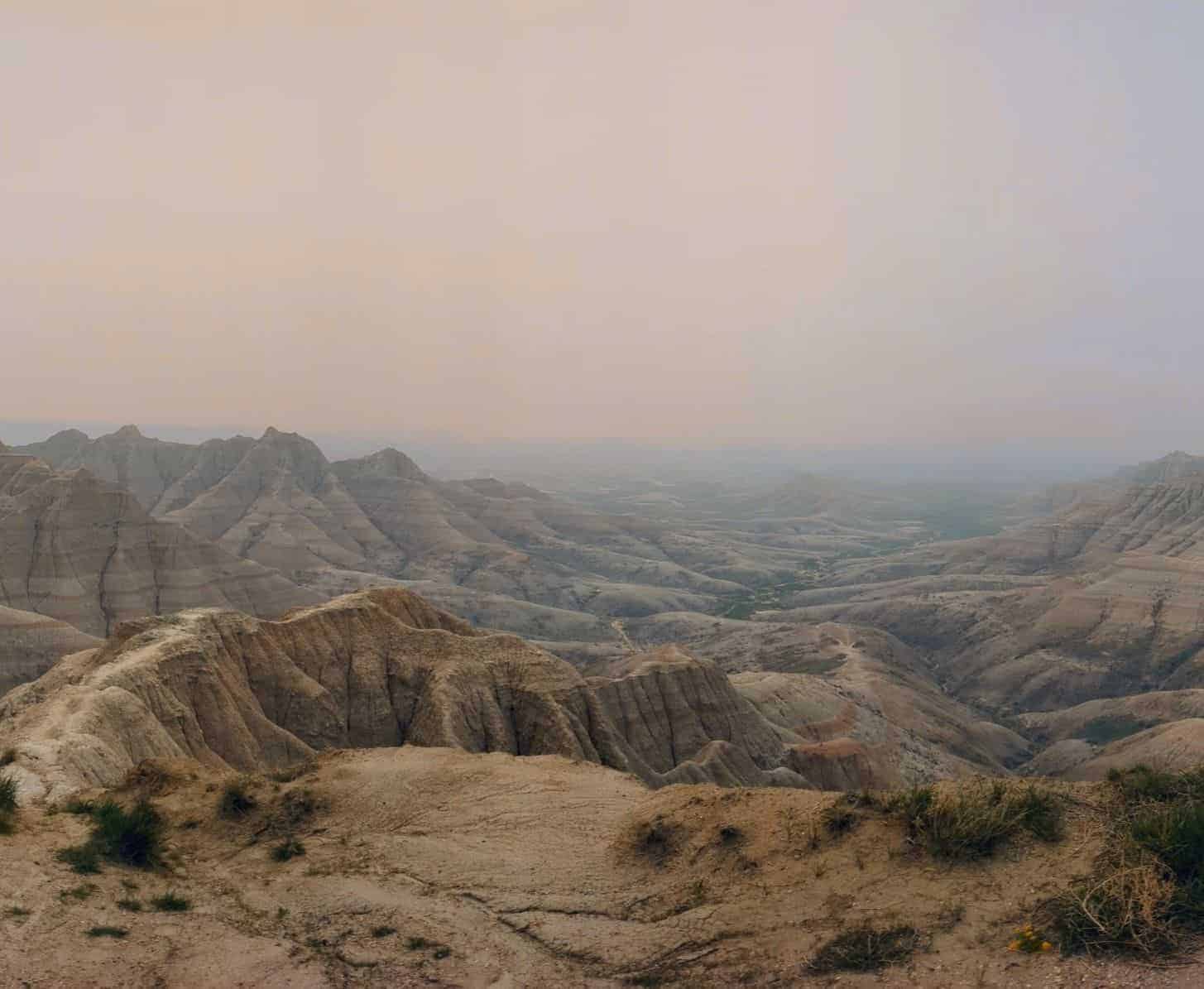 view of striped rock formations at Badlands National Park