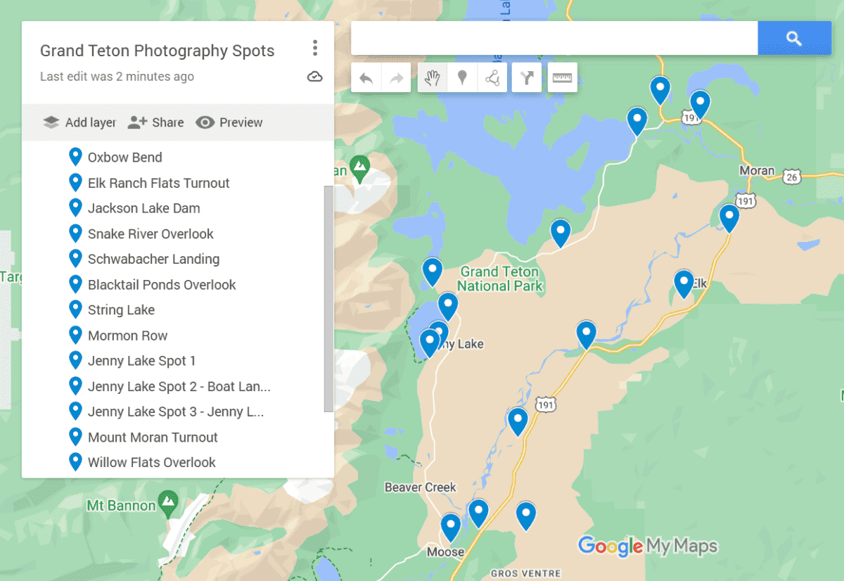 image of a map with blue pins indicating where the best Grand Teton photo spots are located