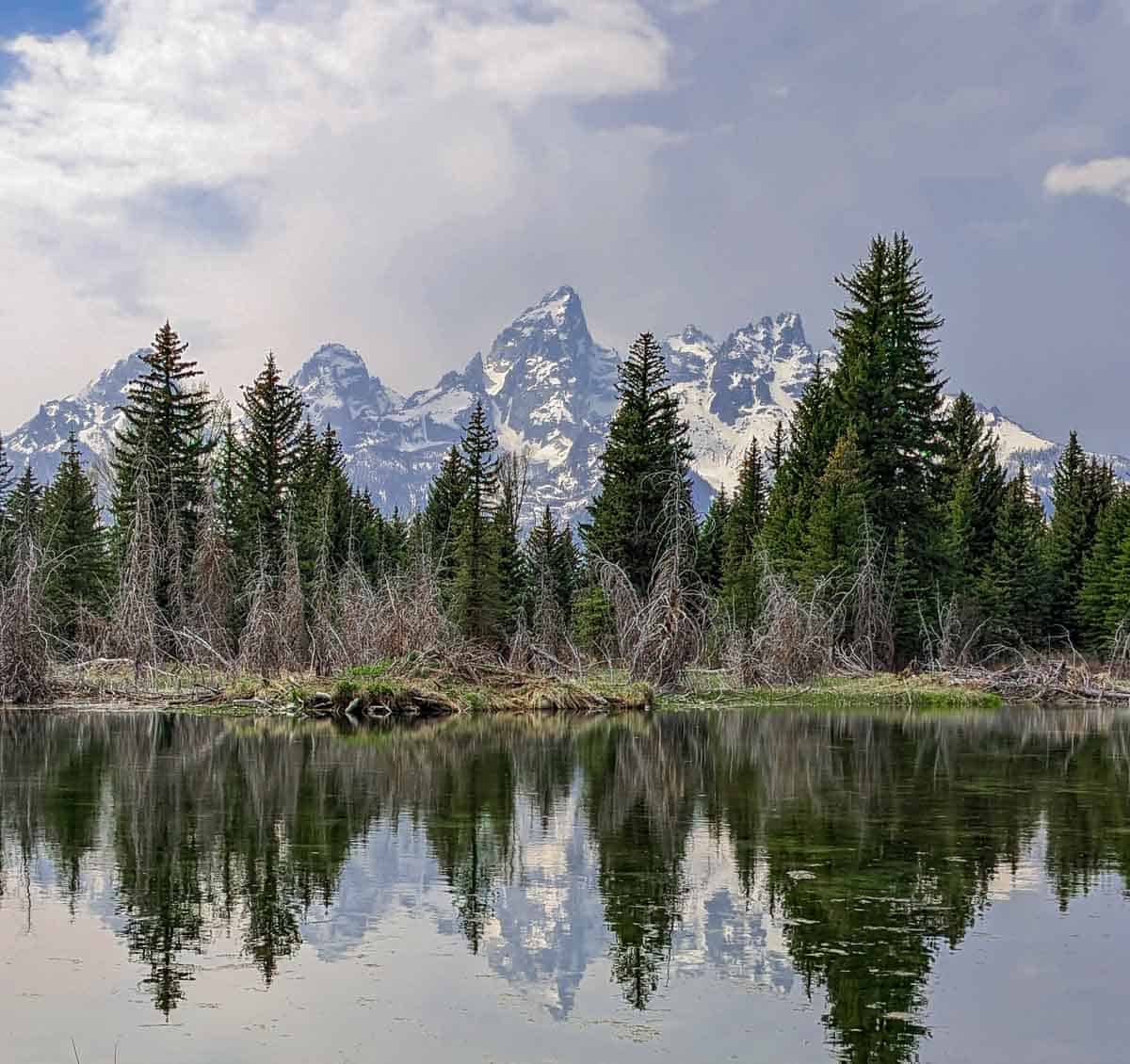 snow-capped mountains reflected in partly still river water