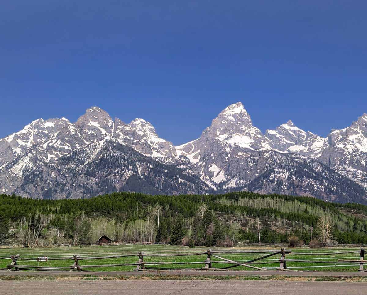 split rail fence in front of a grassy field and a low foothill before jagged, snow-capped mountains with a bright blue sky