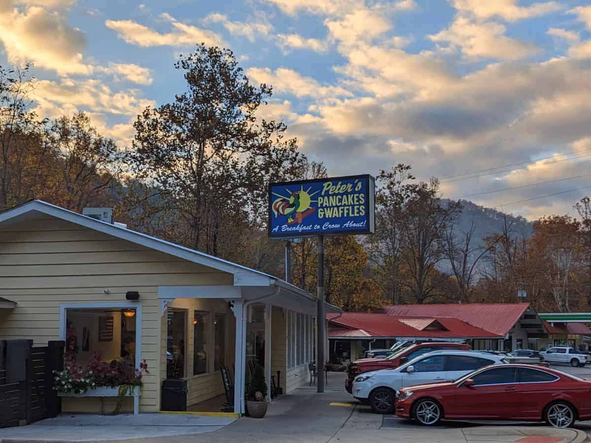 Yellow building with white trim. Sign reads Peter's Pancakes & Waffles.