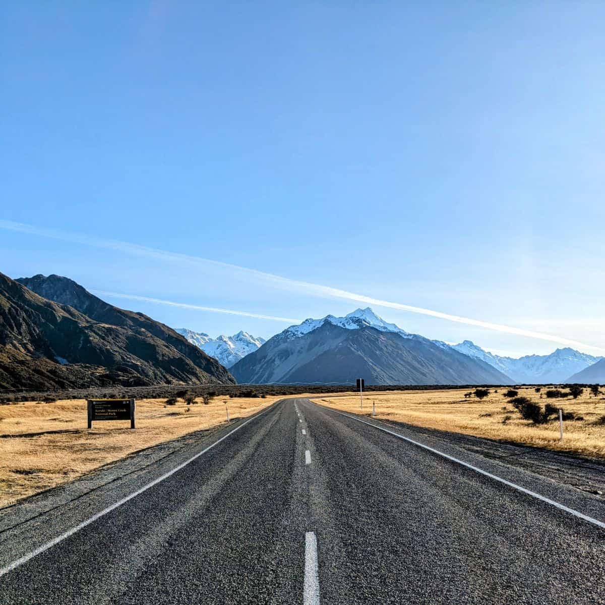 A paved road winds through yellow grassy fields toward a large snow-capped mountain in the distance.