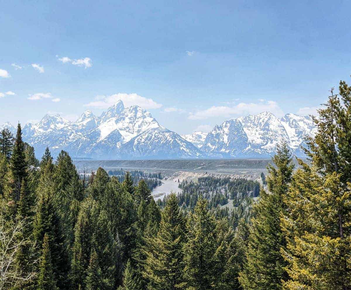 Scenic mountain landscape with snow-capped peaks and lush green forest.